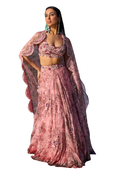 Ridhima Bhasin Pink Organza, Chiffon Embroidery Scoop Irina Floral Print Jacket Sharara Set Online at Aza Fashions Ridhima Bhasin_Pink Organza, Chiffon Embroidery Scoop Irina Floral Print Jacket Sharara Set _Online_at_Aza_Fashions