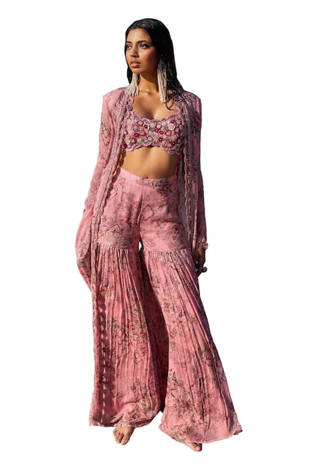 Buy Ridhima Bhasin Pink Organza, Chiffon Embroidery Scoop Irina Floral Print Jacket Sharara Set Online at Aza Fashions Buy_Ridhima Bhasin_Pink Organza, Chiffon Embroidery Scoop Irina Floral Print Jacket Sharara Set _Online_at_Aza_Fashions