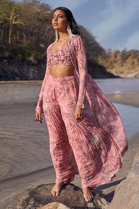 Shop Ridhima Bhasin Pink Organza, Chiffon Embroidery Scoop Irina Floral Print Jacket Sharara Set Online at Aza Fashions Shop_Ridhima Bhasin_Pink Organza, Chiffon Embroidery Scoop Irina Floral Print Jacket Sharara Set _Online_at_Aza_Fashions