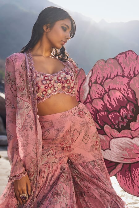 Buy Ridhima Bhasin Pink Organza, Chiffon Embroidery Scoop Irina Floral Print Jacket Sharara Set Buy_Ridhima Bhasin_Pink Organza, Chiffon Embroidery Scoop Irina Floral Print Jacket Sharara Set