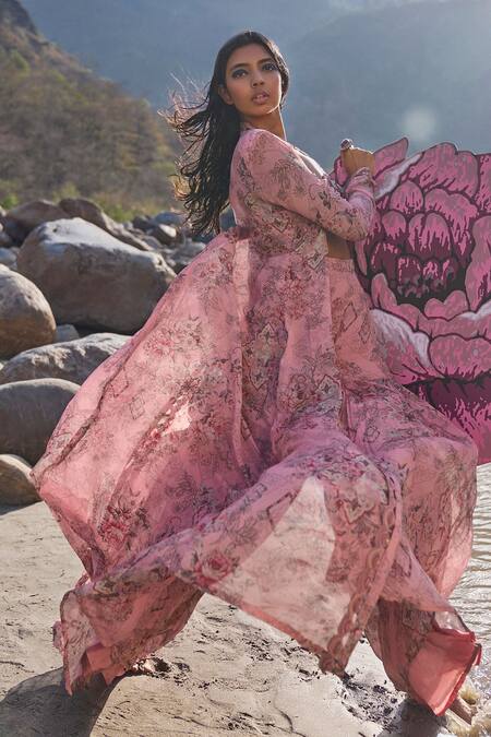 Shop Ridhima Bhasin Pink Organza, Chiffon Embroidery Scoop Irina Floral Print Jacket Sharara Set Shop_Ridhima Bhasin_Pink Organza, Chiffon Embroidery Scoop Irina Floral Print Jacket Sharara Set