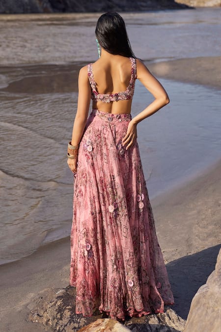 Shop_Ridhima Bhasin_Pink Organza Embroidery Scoop Neck Ayzel Floral Print Lehenga Set _at_Aza_Fashions