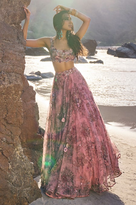 Ridhima Bhasin_Pink Organza Embroidery Scoop Neck Ayzel Floral Print Lehenga Set _Online_at_Aza_Fashions
