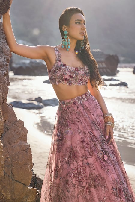 Buy_Ridhima Bhasin_Pink Organza Embroidery Scoop Neck Ayzel Floral Print Lehenga Set _Online_at_Aza_Fashions