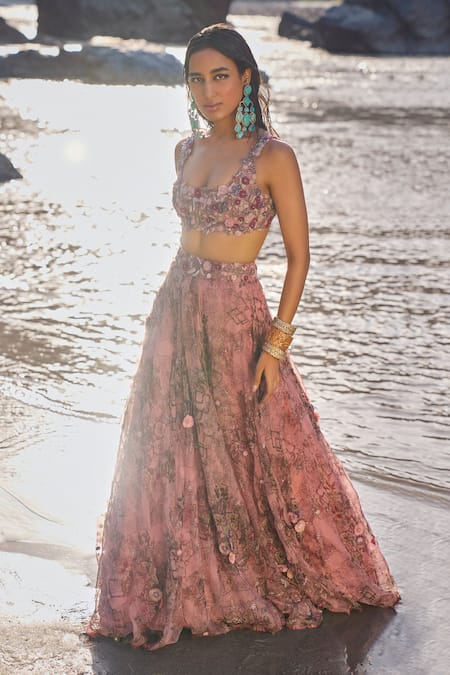 Shop_Ridhima Bhasin_Pink Organza Embroidery Scoop Neck Ayzel Floral Print Lehenga Set _Online_at_Aza_Fashions