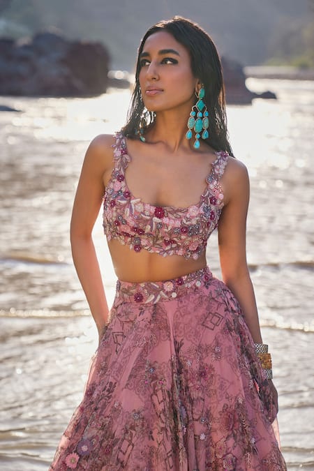Ridhima Bhasin_Pink Organza Embroidery Scoop Neck Ayzel Floral Print Lehenga Set _at_Aza_Fashions