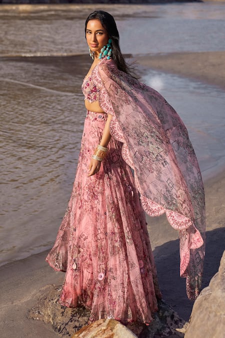 Buy_Ridhima Bhasin_Pink Organza Embroidery Scoop Neck Ayzel Floral Print Lehenga Set 