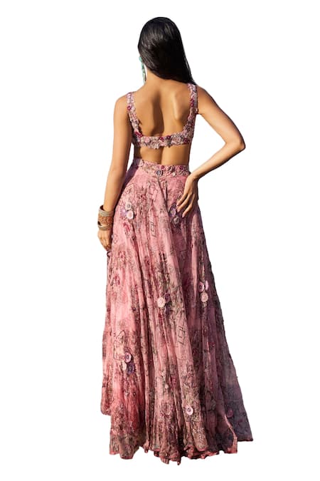 Shop_Ridhima Bhasin_Pink Organza Embroidery Scoop Neck Ayzel Floral Print Lehenga Set 