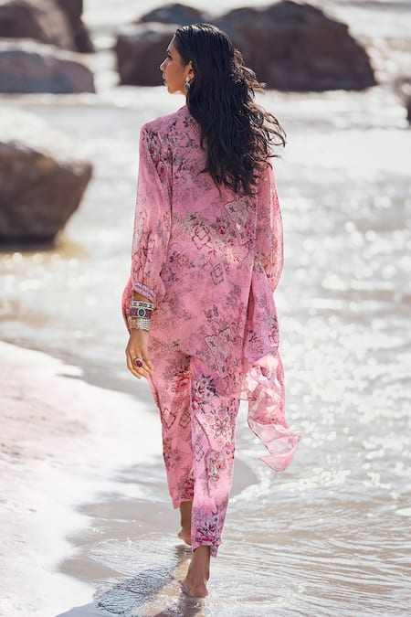 Shop Ridhima Bhasin Pink Georgette Printed Floral Band V Arzou Kaftan And Pant Set at Aza Fashions Shop_Ridhima Bhasin_Pink Georgette Printed Floral Band V Arzou Kaftan And Pant Set _at_Aza_Fashions