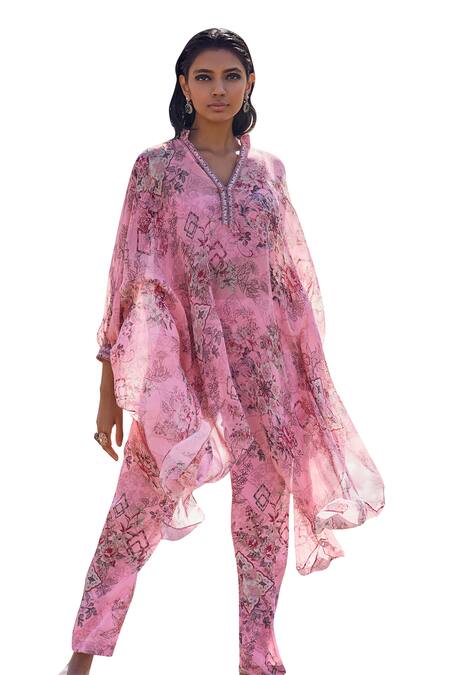 Ridhima Bhasin Pink Georgette Printed Floral Band V Arzou Kaftan And Pant Set Online at Aza Fashions Ridhima Bhasin_Pink Georgette Printed Floral Band V Arzou Kaftan And Pant Set _Online_at_Aza_Fashions