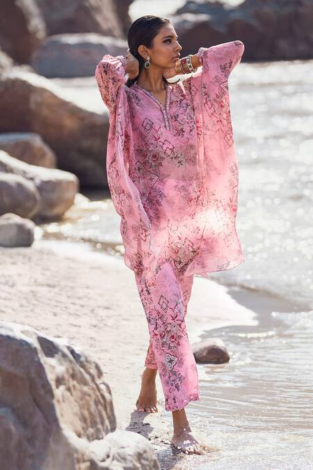 Shop Ridhima Bhasin Pink Georgette Printed Floral Band V Arzou Kaftan And Pant Set Online at Aza Fashions Shop_Ridhima Bhasin_Pink Georgette Printed Floral Band V Arzou Kaftan And Pant Set _Online_at_Aza_Fashions