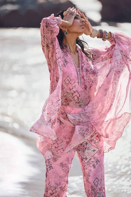 Buy Ridhima Bhasin Pink Georgette Printed Floral Band V Arzou Kaftan And Pant Set Buy_Ridhima Bhasin_Pink Georgette Printed Floral Band V Arzou Kaftan And Pant Set