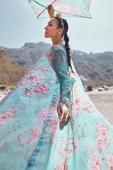 Buy_Ridhima Bhasin_Blue Organza, Chiffon Embroidery Scoop Naza Floral Print Jacket Sharara Set _Online_at_Aza_Fashions
