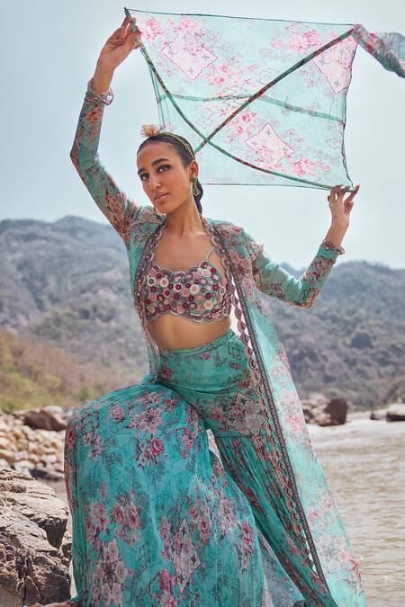 Shop_Ridhima Bhasin_Blue Organza, Chiffon Embroidery Scoop Naza Floral Print Jacket Sharara Set _Online_at_Aza_Fashions
