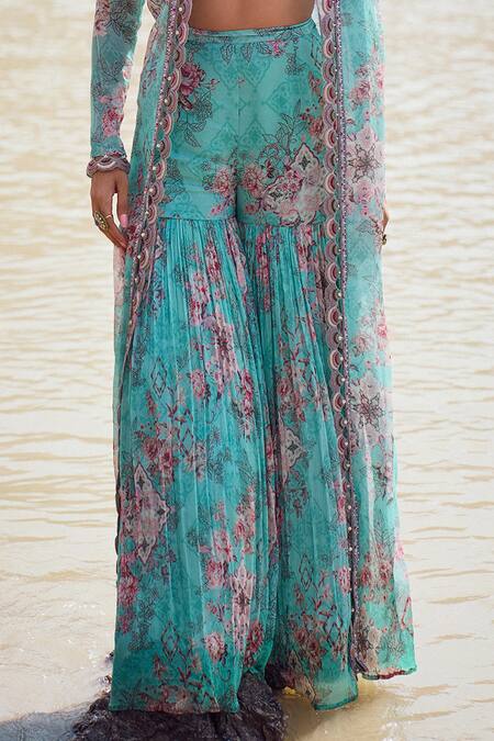 Shop_Ridhima Bhasin_Blue Organza, Chiffon Embroidery Scoop Naza Floral Print Jacket Sharara Set 