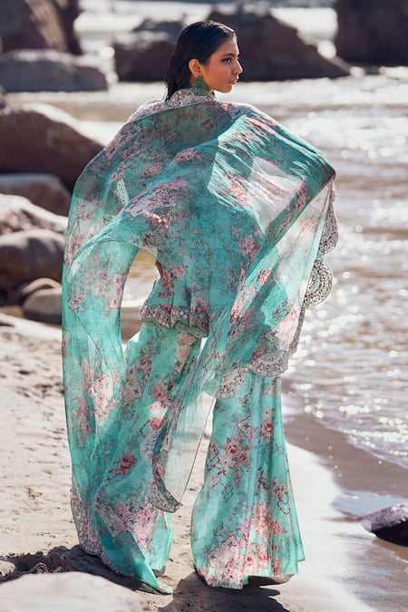 Shop Ridhima Bhasin Blue Organza, Chanderi Embroidery Round Asra Printed Peplum Kurta Sharara Set at Aza Fashions Shop_Ridhima Bhasin_Blue Organza, Chanderi Embroidery Round Asra Printed Peplum Kurta Sharara Set _at_Aza_Fashions