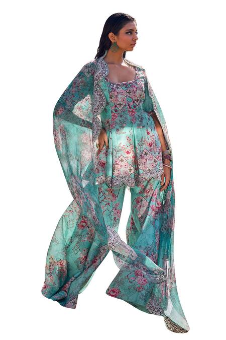 Ridhima Bhasin Blue Organza, Chanderi Embroidery Round Asra Printed Peplum Kurta Sharara Set Online at Aza Fashions Ridhima Bhasin_Blue Organza, Chanderi Embroidery Round Asra Printed Peplum Kurta Sharara Set _Online_at_Aza_Fashions