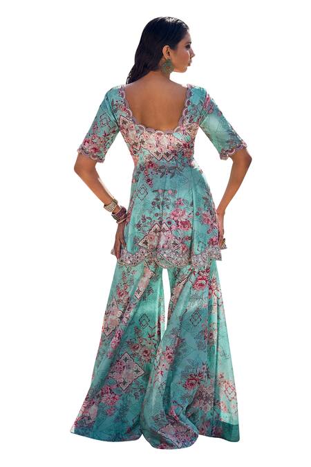 Buy Ridhima Bhasin Blue Organza, Chanderi Embroidery Round Asra Printed Peplum Kurta Sharara Set Online at Aza Fashions Buy_Ridhima Bhasin_Blue Organza, Chanderi Embroidery Round Asra Printed Peplum Kurta Sharara Set _Online_at_Aza_Fashions