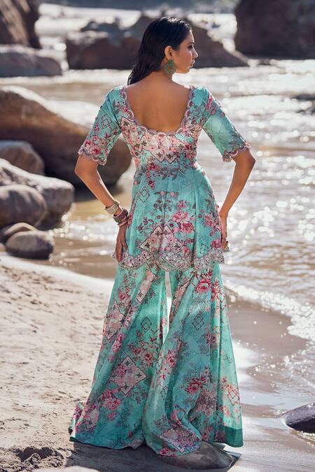 Shop Ridhima Bhasin Blue Organza, Chanderi Embroidery Round Asra Printed Peplum Kurta Sharara Set Online at Aza Fashions Shop_Ridhima Bhasin_Blue Organza, Chanderi Embroidery Round Asra Printed Peplum Kurta Sharara Set _Online_at_Aza_Fashions