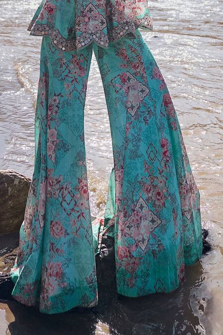 Ridhima Bhasin Blue Organza, Chanderi Embroidery Round Asra Printed Peplum Kurta Sharara Set at Aza Fashions Ridhima Bhasin_Blue Organza, Chanderi Embroidery Round Asra Printed Peplum Kurta Sharara Set _at_Aza_Fashions