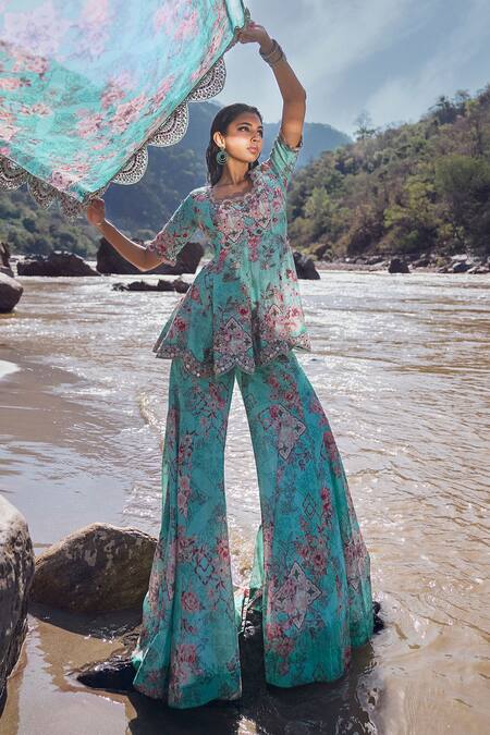 Buy Ridhima Bhasin Blue Organza, Chanderi Embroidery Round Asra Printed Peplum Kurta Sharara Set Buy_Ridhima Bhasin_Blue Organza, Chanderi Embroidery Round Asra Printed Peplum Kurta Sharara Set