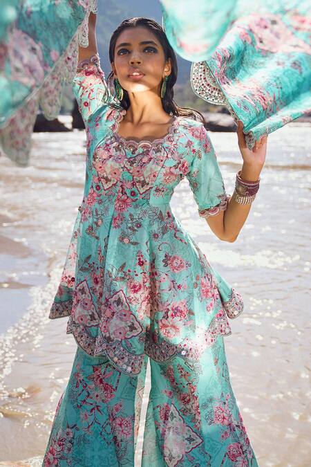 Shop Ridhima Bhasin Blue Organza, Chanderi Embroidery Round Asra Printed Peplum Kurta Sharara Set Shop_Ridhima Bhasin_Blue Organza, Chanderi Embroidery Round Asra Printed Peplum Kurta Sharara Set