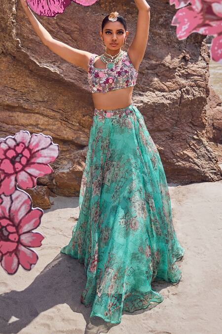 Ridhima Bhasin_Blue Organza Embroidery Scoop Neck Mahrosh Floral Print Lehenga Set _Online_at_Aza_Fashions