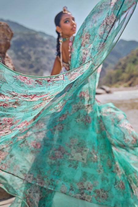 Buy_Ridhima Bhasin_Blue Organza Embroidery Scoop Neck Mahrosh Floral Print Lehenga Set _Online_at_Aza_Fashions