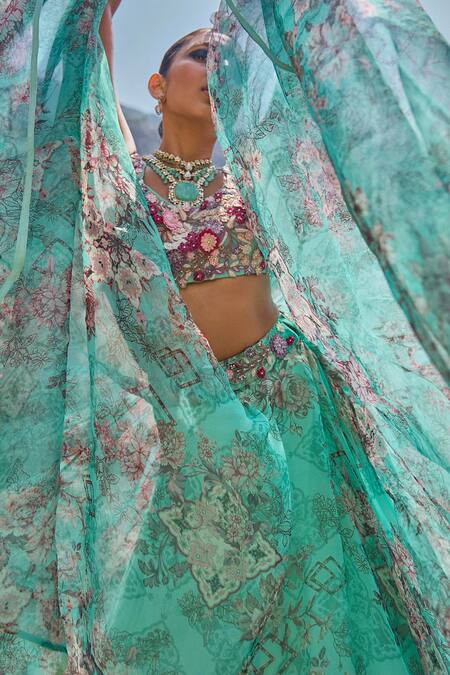 Shop_Ridhima Bhasin_Blue Organza Embroidery Scoop Neck Mahrosh Floral Print Lehenga Set _Online_at_Aza_Fashions