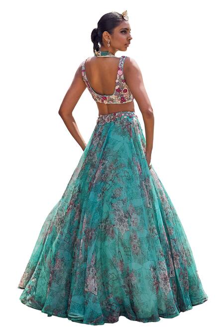 Buy_Ridhima Bhasin_Blue Organza Embroidery Scoop Neck Mahrosh Floral Print Lehenga Set 