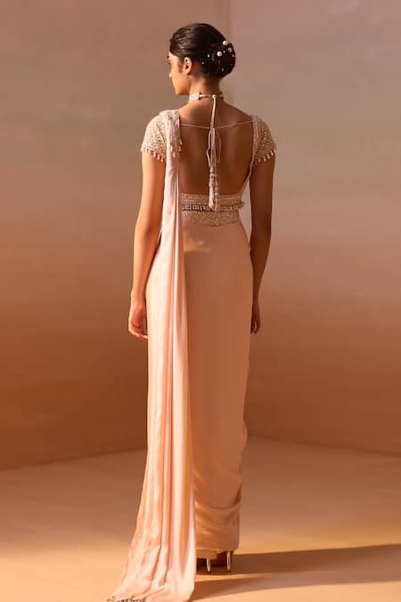 Nitika Gujral Pearl Tassel Embellished Pre-Draped Saree With Blouse 