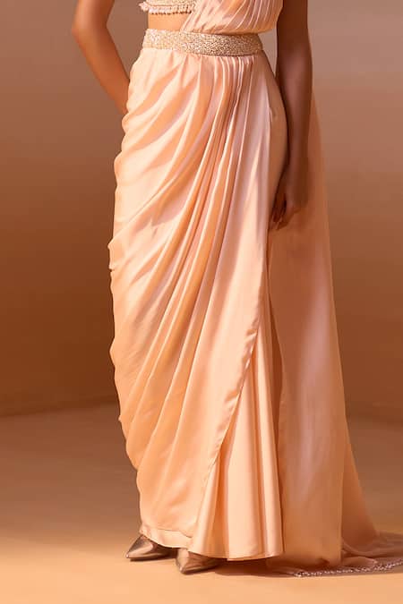 Nitika Gujral_Peach Satin, Net Embroidery, Pearl Embellished Pre-draped Saree With Blouse _Online_at_Aza_Fashions