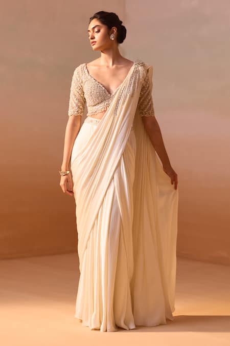 Nitika Gujral Dori Pearl Tassel Embellished Pre-Draped Saree With Blouse 