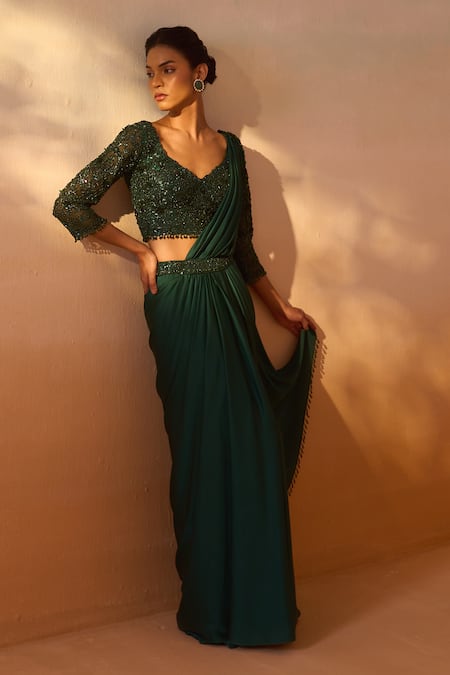 Nitika Gujral Bead Tassel Embellished Pre-Draped Saree With Blouse 