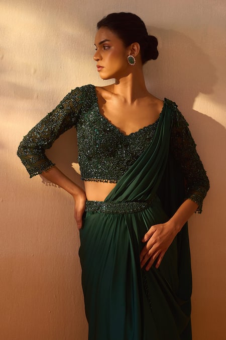 Buy Nitika Gujral Green Satin, Net Beads, Smocking Tassel Embellished Pre-draped Saree With Blouse Buy_Nitika Gujral_Green Satin, Net Beads, Smocking Tassel Embellished Pre-draped Saree With Blouse