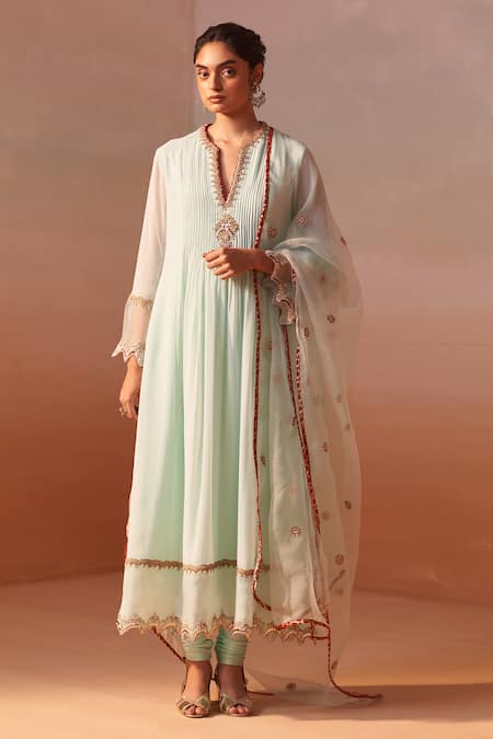 Nitika Gujral Green Georgette Embroidery Mukaish Notched V Damask Floret Zardozi Anarkali Set 