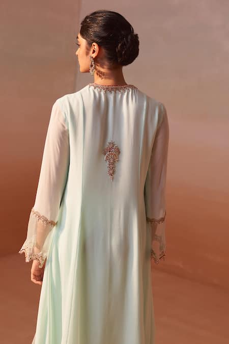 Shop Nitika Gujral Green Organza, Georgette, Lycra Damask Floret Zardozi Embroidered Anarkali Set at Aza Fashions Shop_Nitika Gujral_Green Organza, Georgette, Lycra Damask Floret Zardozi Embroidered Anarkali Set _at_Aza_Fashions