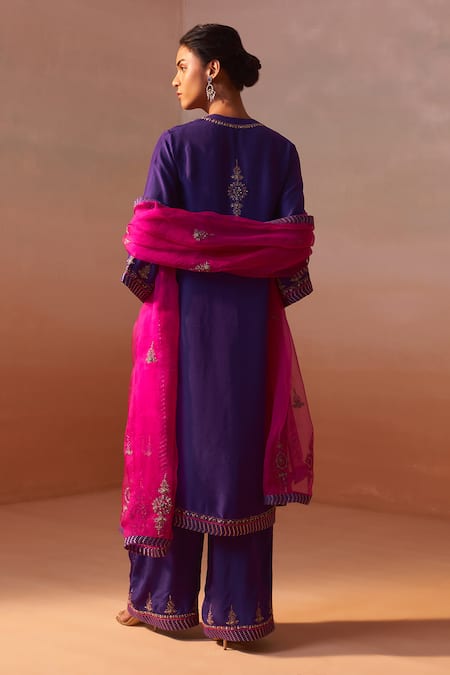 Shop Nitika Gujral Purple Silk, Organza, Denim Embroidery, Sequins, Zari Fleur Kurta Palazzo Set at Aza Fashions Shop_Nitika Gujral_Purple Silk, Organza, Denim Embroidery, Sequins, Zari Fleur Kurta Palazzo Set _at_Aza_Fashions