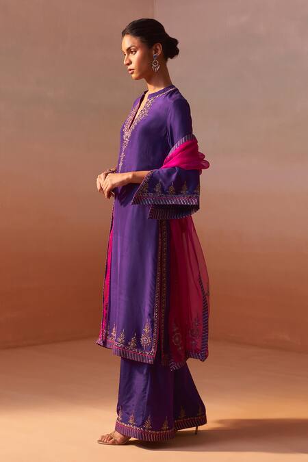 Buy Nitika Gujral Purple Silk, Organza, Denim Embroidery, Sequins, Zari Fleur Kurta Palazzo Set Online at Aza Fashions Buy_Nitika Gujral_Purple Silk, Organza, Denim Embroidery, Sequins, Zari Fleur Kurta Palazzo Set _Online_at_Aza_Fashions