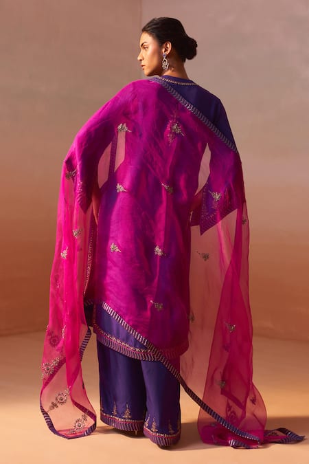 Nitika Gujral Purple Silk, Organza, Denim Embroidery, Sequins, Zari Fleur Kurta Palazzo Set at Aza Fashions Nitika Gujral_Purple Silk, Organza, Denim Embroidery, Sequins, Zari Fleur Kurta Palazzo Set _at_Aza_Fashions