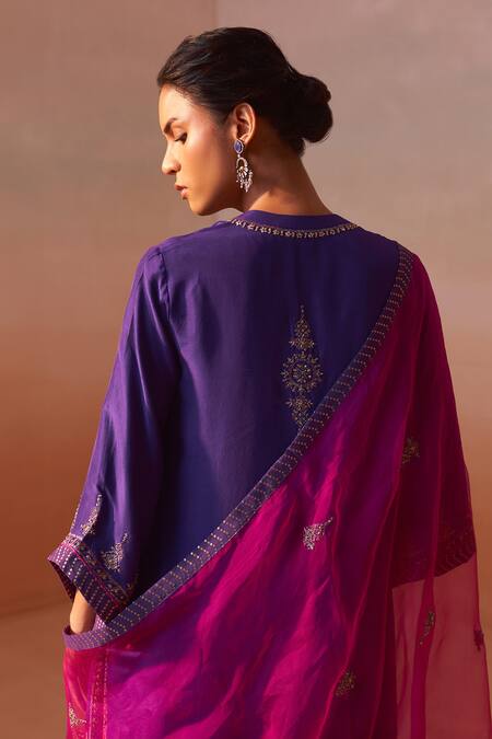 Buy Nitika Gujral Purple Silk, Organza, Denim Embroidery, Sequins, Zari Fleur Kurta Palazzo Set Buy_Nitika Gujral_Purple Silk, Organza, Denim Embroidery, Sequins, Zari Fleur Kurta Palazzo Set