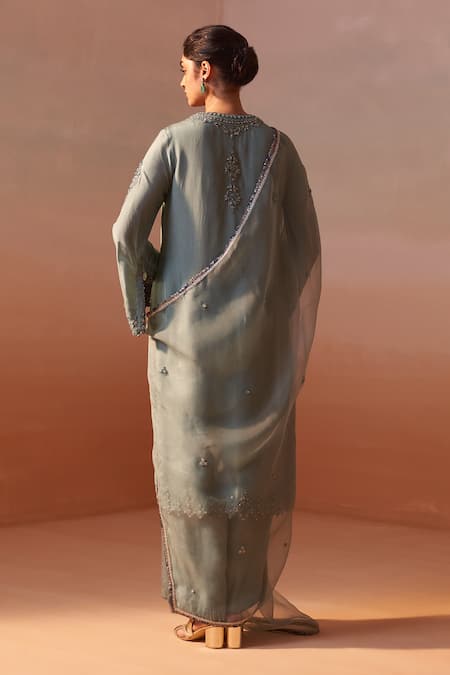 Shop Nitika Gujral Green Silk, Organza Embroidery, Zari V-neck Bloom Kurta Palazzo Set at Aza Fashions Shop_Nitika Gujral_Green Silk, Organza Embroidery, Zari V-neck Bloom Kurta Palazzo Set _at_Aza_Fashions