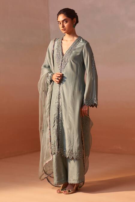 Buy Nitika Gujral Green Silk, Organza Embroidery, Zari V-neck Bloom Kurta Palazzo Set Online at Aza Fashions Buy_Nitika Gujral_Green Silk, Organza Embroidery, Zari V-neck Bloom Kurta Palazzo Set _Online_at_Aza_Fashions