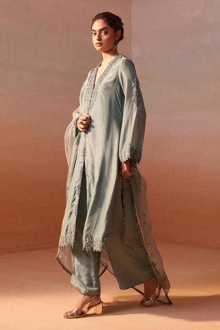 Shop Nitika Gujral Green Silk, Organza Embroidery, Zari V-neck Bloom Kurta Palazzo Set Online at Aza Fashions Shop_Nitika Gujral_Green Silk, Organza Embroidery, Zari V-neck Bloom Kurta Palazzo Set _Online_at_Aza_Fashions