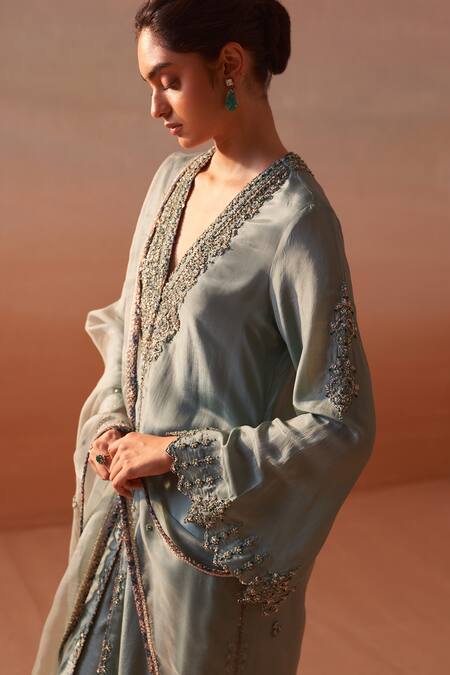 Shop Nitika Gujral Green Silk, Organza Embroidery, Zari V-neck Bloom Kurta Palazzo Set Shop_Nitika Gujral_Green Silk, Organza Embroidery, Zari V-neck Bloom Kurta Palazzo Set
