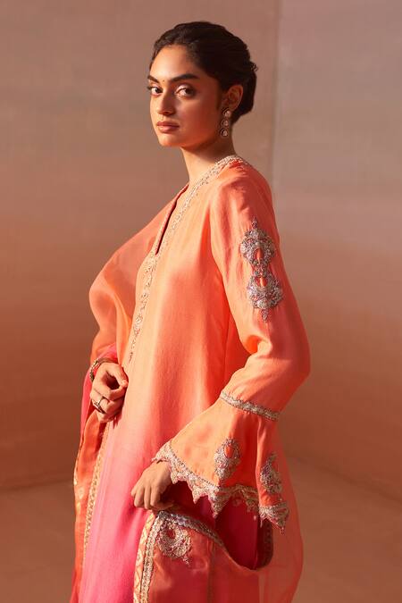 Shop Nitika Gujral Orange , Organza, Gul Zardozi And Mukaish Embroidered Kurta Pant Set Online at Aza Fashions Shop_Nitika Gujral_Orange , Organza, Gul Zardozi And Mukaish Embroidered Kurta Pant Set _Online_at_Aza_Fashions