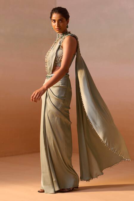 Nitika Gujral_Green Satin, Net Pearls, Sequins, Beads Jewelled Blouse With Pre-draped Saree _Online_at_Aza_Fashions