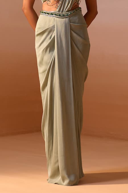 Buy_Nitika Gujral_Green Satin, Net Pearls, Sequins, Beads Jewelled Blouse With Pre-draped Saree _Online_at_Aza_Fashions