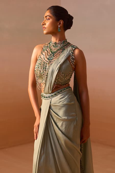 Shop_Nitika Gujral_Green Satin, Net Pearls, Sequins, Beads Jewelled Blouse With Pre-draped Saree _Online_at_Aza_Fashions