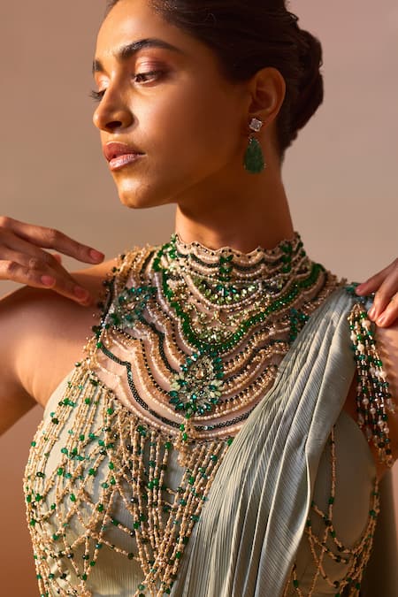 Nitika Gujral_Green Satin, Net Pearls, Sequins, Beads Jewelled Blouse With Pre-draped Saree _at_Aza_Fashions